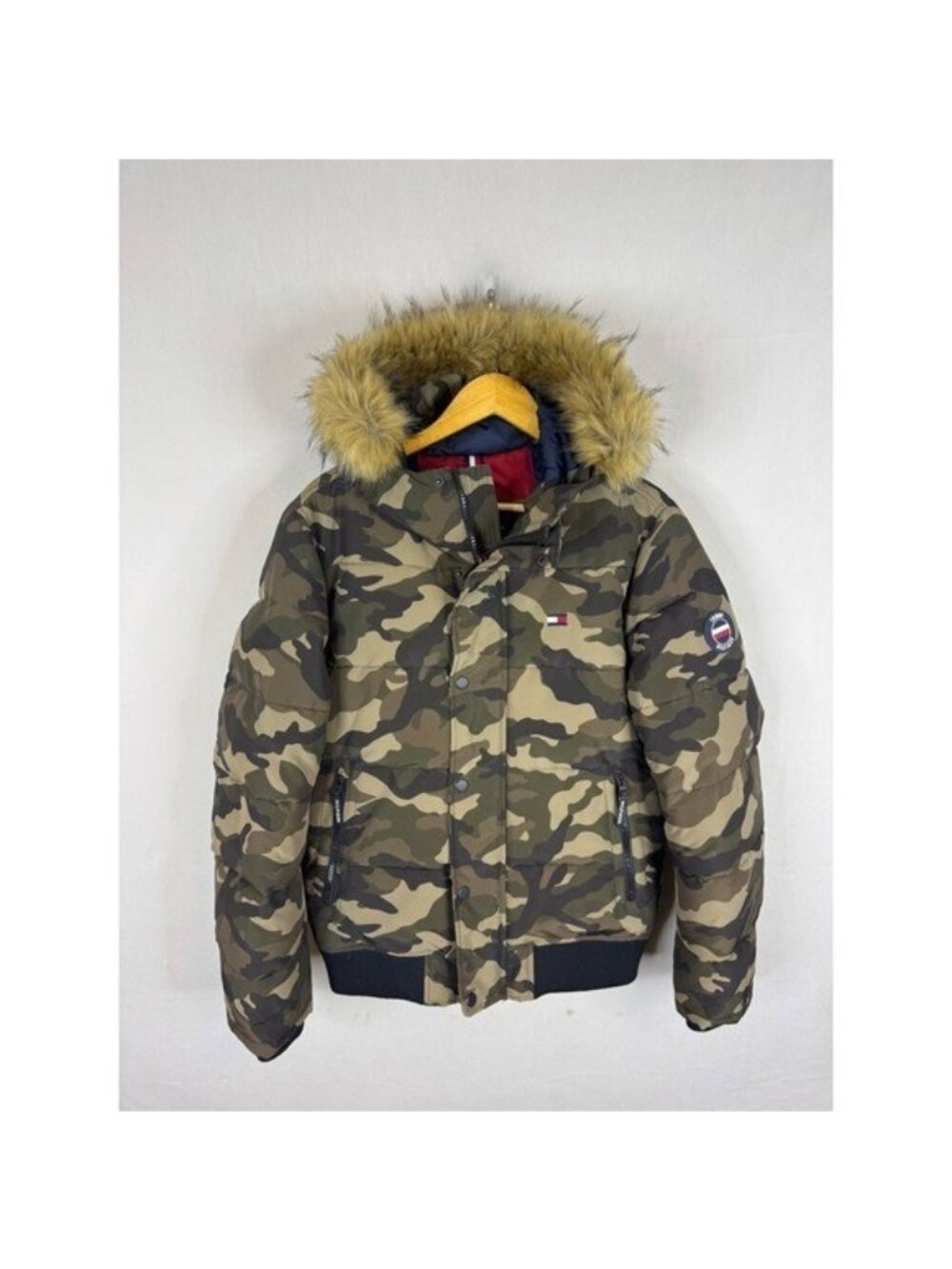 Tommy Hilfiger Mens Camo Puffer Jacket Faux Fur Hood Bomber Green Men S